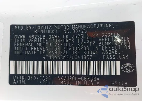 2025 Toyota Camry Se из США, поврежденный, VIN 4T1DAACK8SU641857